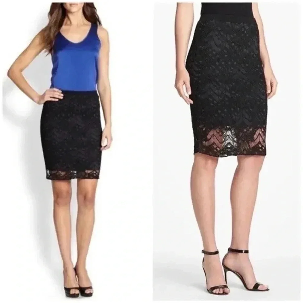 EILEEN FISHER Black Gray Knit Crochet Lace Overlay Straight Pencil Skirt Size XS - Picture 9 of 9